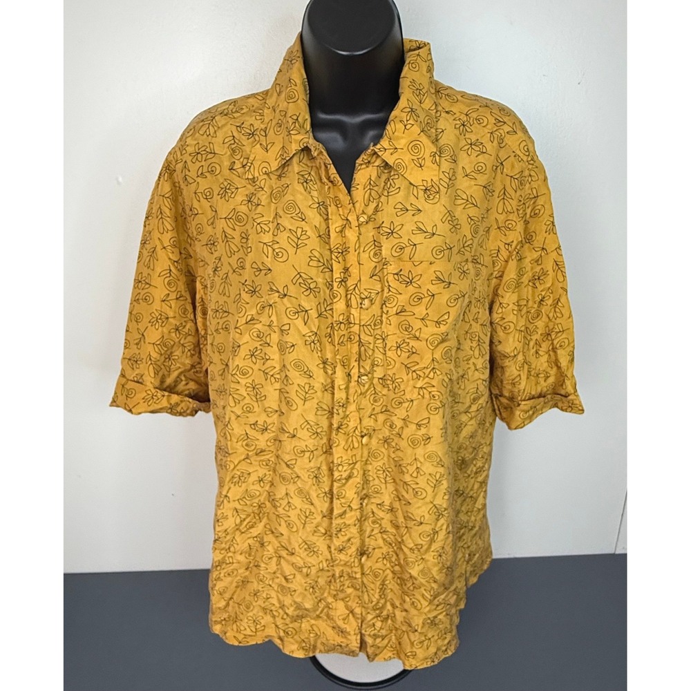 Vintage Chance Encounters Women's Floral Silk Button Top Yellow Size Medium